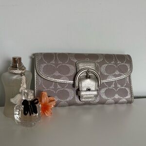 Coach Soho Signature Metallic Grey Canvas Trifold Buckle Wallet